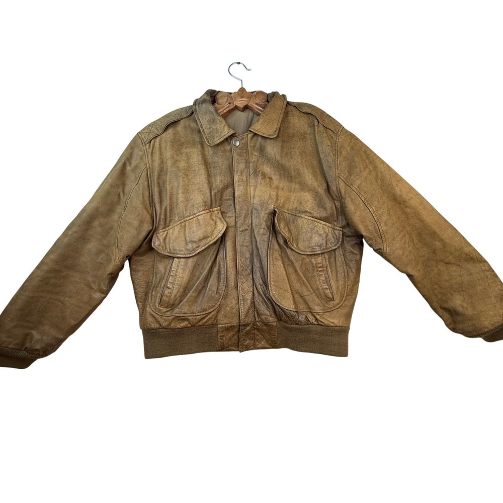 Vtg Hunt Club Mens Distressed Brown‎ Leather Bomber Jacket 46R rugged
